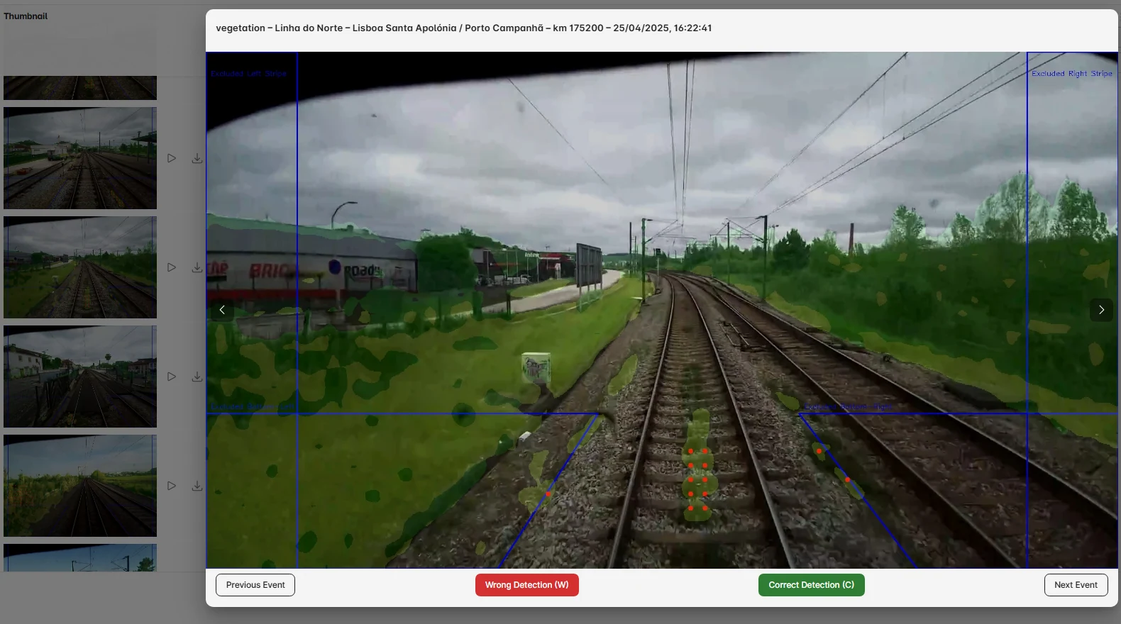 RailEyes vegetation event review screen showing detected railway corridor vegetation with validation controls.