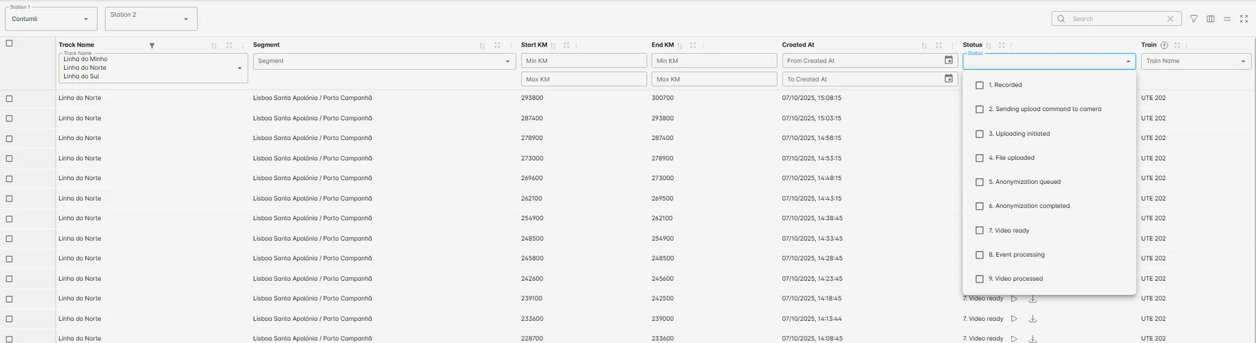 RailEyes platform list of captured railway video segments ready for operator review.