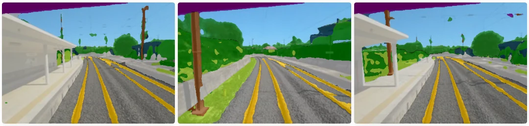 RailEyes proprietary annotation examples showing rail corridor semantic segmentation across multiple railway scenes.