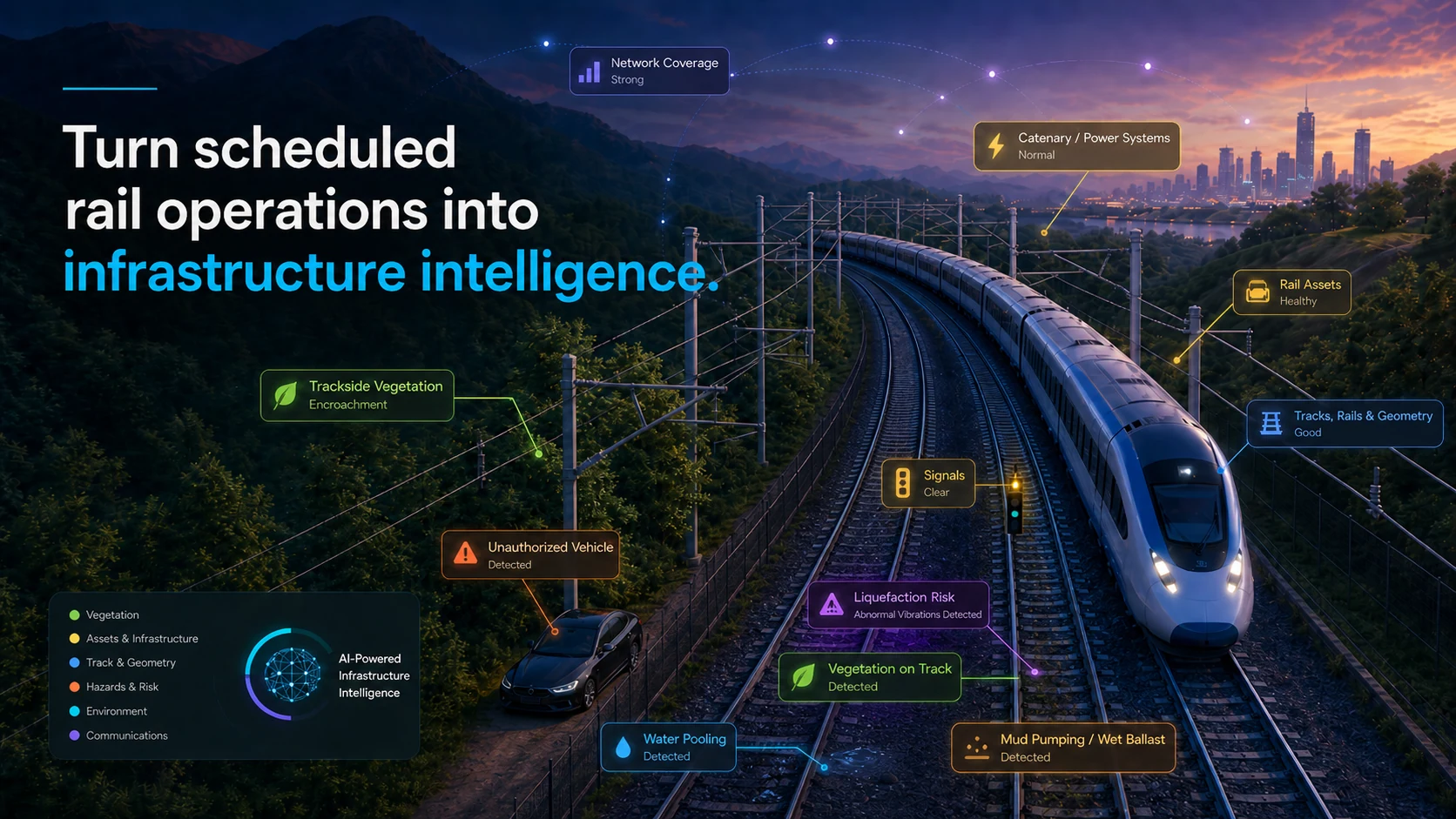 RailEyes infrastructure intelligence infographic showing train-based rail inspection detections and corridor callouts.