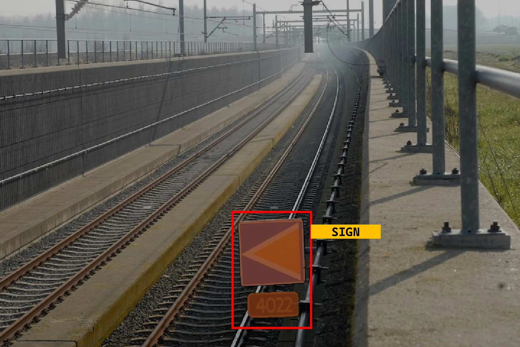 Railway sign detected in a trackside inspection image.