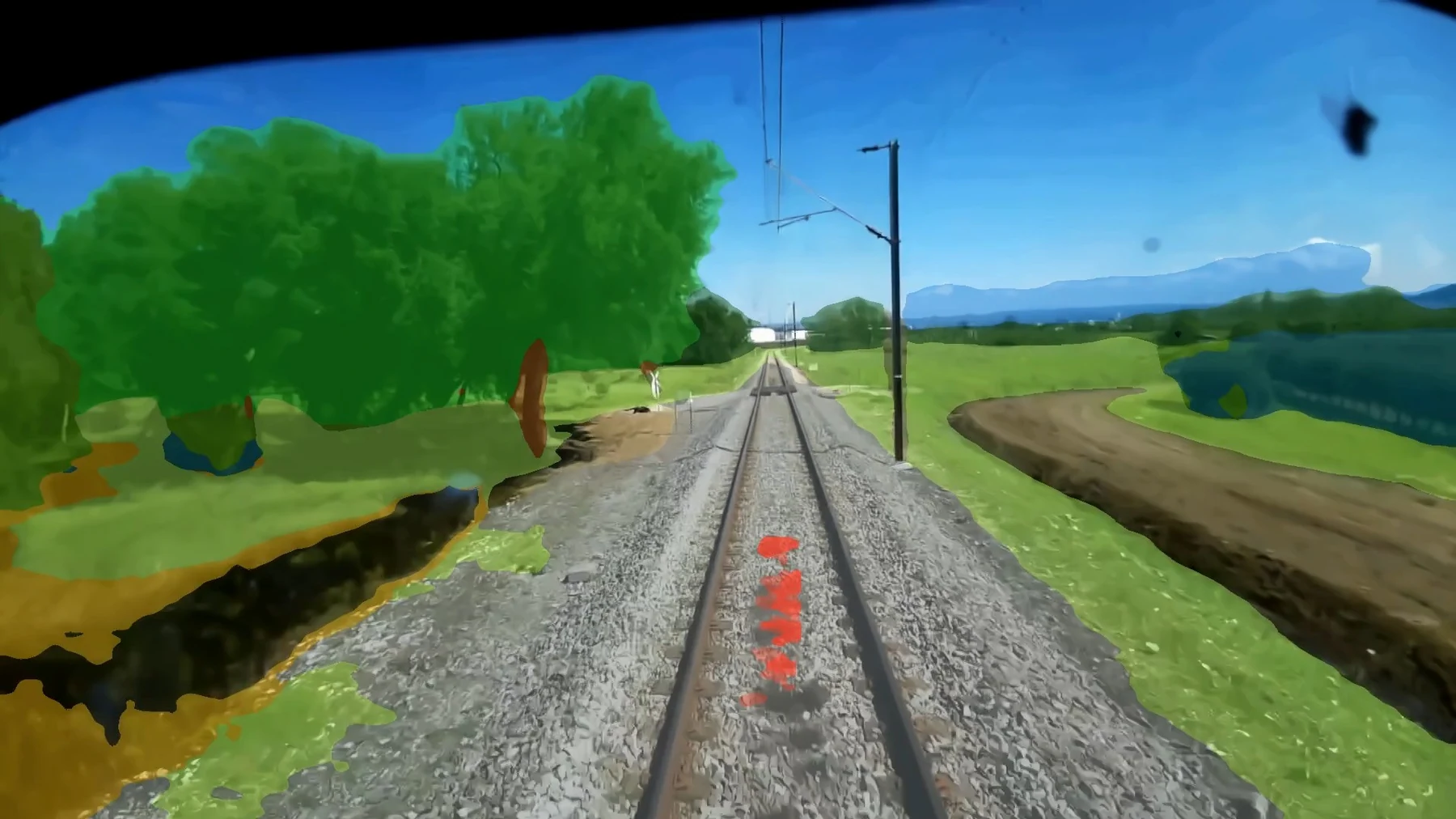 Railway corridor image with AI-assisted semantic segmentation overlay showing detected vegetation.